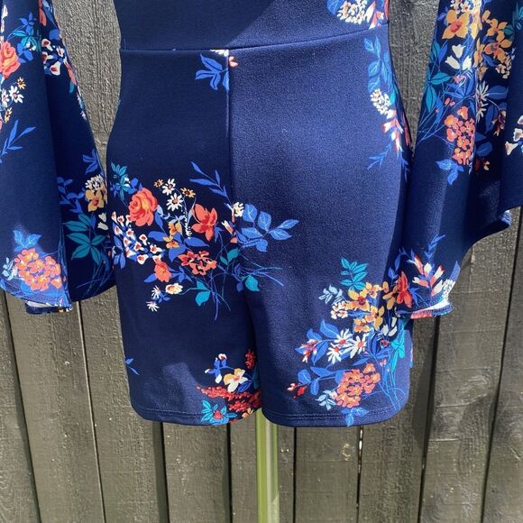Navy Blue Retro 70s Bell Sleeves Stretch Off the Shoulder Shorts Romper Small - Picture 7 of 9